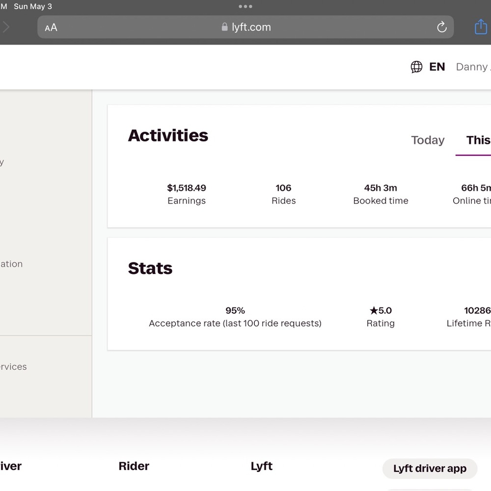 Lyft Driver Dashboard Screenshot - White